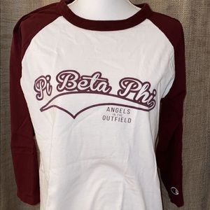 Pi Beta Phi angels in the outfield baseball jersey